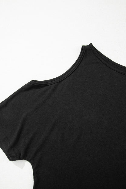 Solid Asymmetrical Neck Loose Casual T-Shirt